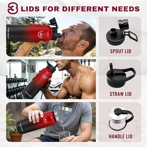 NATURE PIONEOR 40 oz Insulated Water Bottle with Carrier Bag & 3 Lids - color: Red Black, size: 40 Ounces
