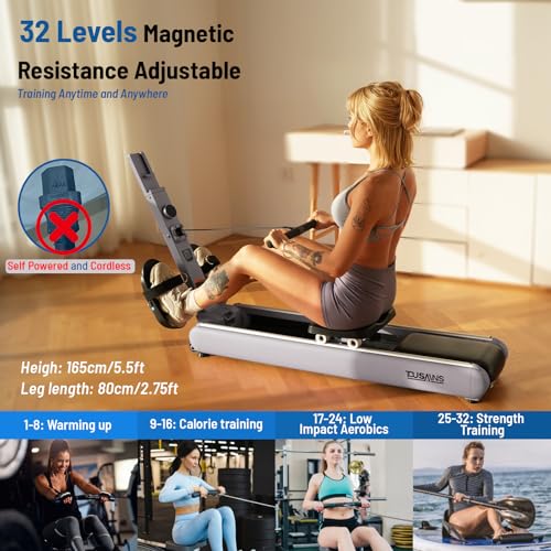 TOUSAINS ER7 Self-Powered Rowing Machine, Magnetic Folding Rowing Machine for Home with 32 Resistance Levels, Quiet Dual Rail Foldable Rower for Full Body Workout - color: Grey