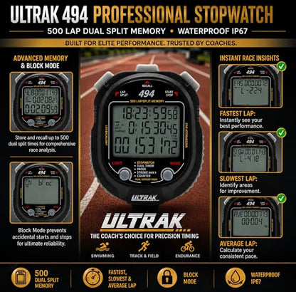 ULTRAK 494 Stopwatch - 500 Dual Split Memory, Waterproof, LED Backlight