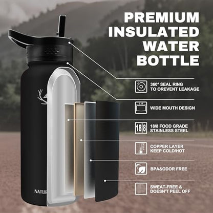 NATURE PIONEOR 32 oz Insulated Water Bottle with Carrier Bag & 3 Lids - color: Black, size: 32 Ounces