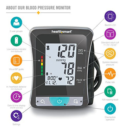 HealthSmart Digital Select Arm Blood Pressure Monitor with Automatic Upper Arm Cuff that Displays Blood Pressure, Pulse Rate and Irregular Heartbeat, Stores up to 120 Readings for 2 Users - size: Select, style: Arm