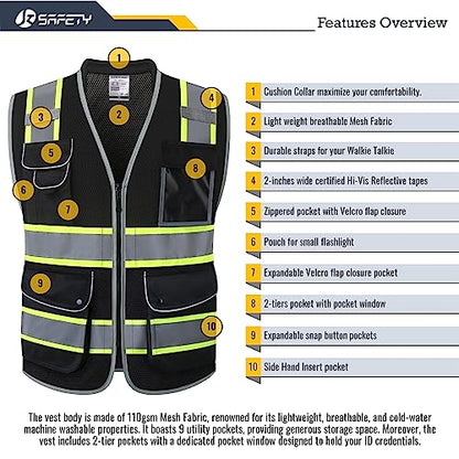 JKSafety Hi Vis Safety Vest for Men Women Cushioned Collar JK101 Black M - color: Jk101-black, size: Medium