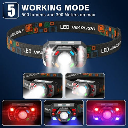 Headlamp Flashlight, 500 Lumen Ultra-Light Bright LED Rechargeable Headlight with White Red bule Light,2-Pack Waterproof Motion Sensor Head Lamp,10 Modes for Outdoor Camping Running Hiking Fishing