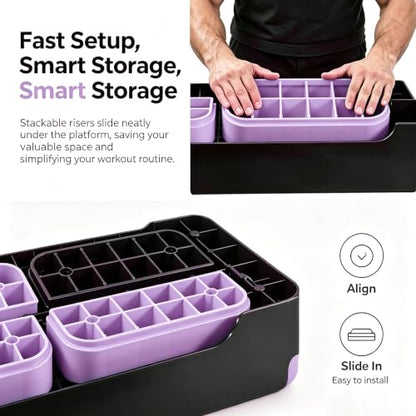 Aerobic Exercise Step Platform, 28-Inch Workout Aerobic Stepper, Height Adjustable Fitness Training Step Deck Trainer with 4 Risers, Non-Slip Surface Bench for Home Gym Cardio Strength 29" x 11.5" x 4" - color: Black-Purple