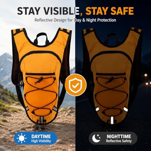 Lightweight Hydration Backpack 2L Water Bladder Pack for Running, Cycling, Hiking – Anti-Theft Water Backpack with Phone Holder, Trekking Pole Holder & Reflective Strips for Men & Women - color: Orange