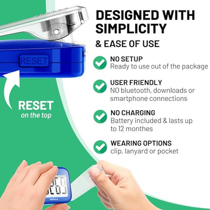 NESKLA 3D Pedometer, Simple Step Counter with Large LCD Display for Walking - color: Dark blue