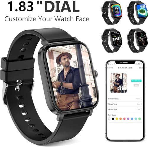 Smart Watch for Men Women SmartWatch 1.83" for iPhone Samsung Android Phone Compatible, Fitness Tracker Watch with Pedometer, Heart Rate/Sleep Monitor, Blood Oxygen, IP68 Waterproof - color: Black