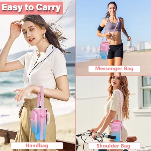LEFOR·Z Water Bottle Carrier Bag with Phone Pocket Compatible with Stanley/Meoky 40 oz Tumbler with Handle,Water Bottle Holder Pouch with Adjustable Strap Compatible with Stanley Cup Accessories - color: Pink-Blue Gradient-Style B