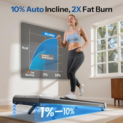 Niceday Walking Pad Treadmill with 10% Auto Incline, 400lbs Weight Capacity, Under Desk Treadmill for Home Office, 3HP Brushless Ultra-Quiet