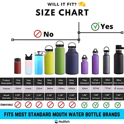 NuRich Hydro Standard Mouth Insulated Replacement Cap Accessories Compatible with Hydroflask, Klean Kanteen, Simple Modern, and Many More Top Water Bottle Brands Size 12 18 21 24 Oz