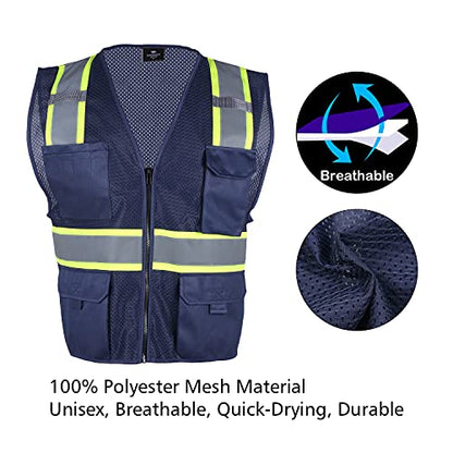 VENDACE Hi Vis Safety Reflective Mesh Vest for Men ANSI Class 2 High Visibility Vest with 8 Pockets and Zipper - color: Blue, size: XX-Large