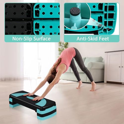Non-Slip 31 Inch Aerobic Exercise Step Platform 4"-6"-8" Height Adjustable Risers for Home Gym Cardio Training Fitness Workout Stepper Trainer - color: Green
