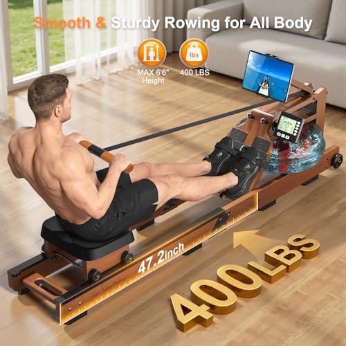 Rowing Machines,Water Rowing Machine for Home with 400LBS Capacity,LCD Monitor,Smooth Glide Rails, Comfortable Seat, Free App(Bluetooth),Water Rower for Immersive Full Body Workout