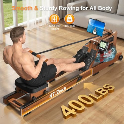 Rowing Machines,Water Rowing Machine for Home with 400LBS Capacity,LCD Monitor,Smooth Glide Rails, Comfortable Seat, Free App(Bluetooth),Water Rower for Immersive Full Body Workout