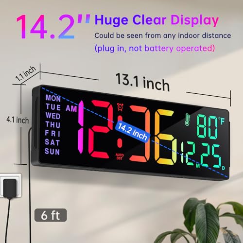 Soobest 14.2 Inch Electric Digital Wall Clock, LED Large Display - color: 14.2” Multicolor