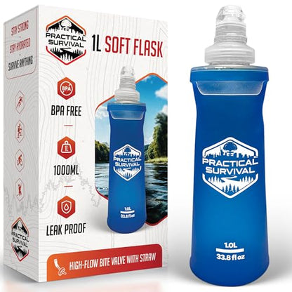 Practical Survival 1L Soft Flask - TPU Collapsible Water Bottle for Hydration Pack, Leak-Proof Running Flask, BPA-Free Foldable for Hiking Cycling Marathon, Emergencies, Survival, Camping, Hunting