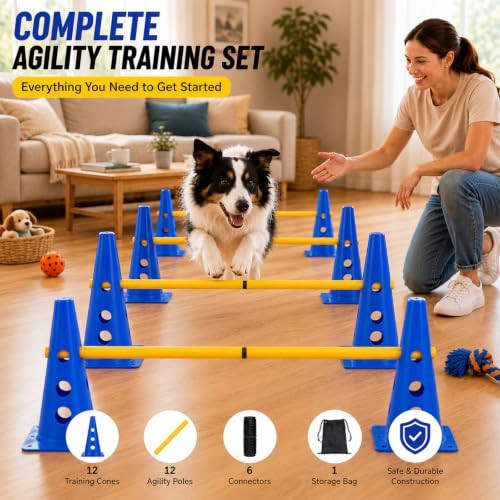 Dog Agility Training Equipment, 12 Cones, 6 Poles, Hurdle
