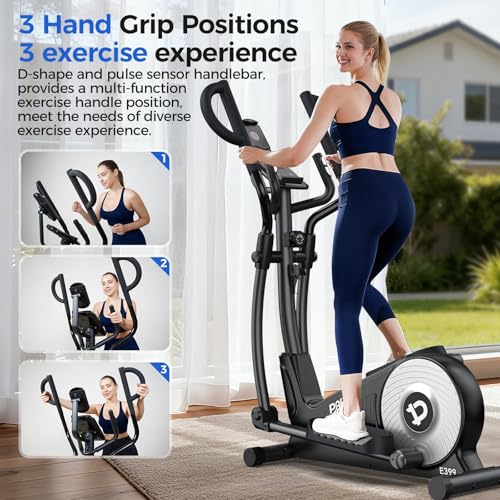pooboo Elliptical Machine, Elliptical Exercise Machine with 16-Level Resistance&Quiet Magnetic Driving System, Elliptical Machine for Home with LCD Monitor,15.5-17IN Stride, 350LBS Weight Capacity - color: 17IN-Stride Gray