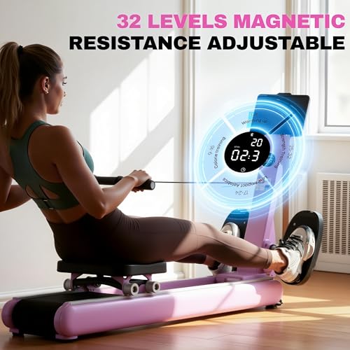 TOUSAINS ER7 Self-Powered Rowing Machine, Magnetic Folding Rowing Machine for Home with 32 Resistance Levels, Quiet Dual Rail Foldable Rower for Full Body Workout - color: Purple