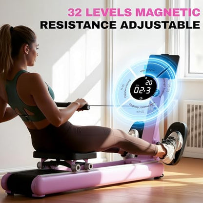 TOUSAINS ER7 Self-Powered Rowing Machine, Magnetic Folding Rowing Machine for Home with 32 Resistance Levels, Quiet Dual Rail Foldable Rower for Full Body Workout - color: Purple
