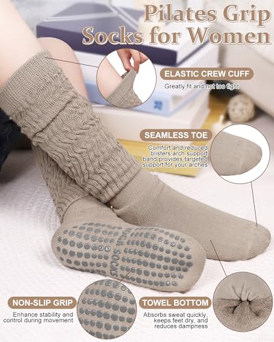 Pilates Socks with Grips for Women, Yoga Slouch Scrunch Socks - color: Brown