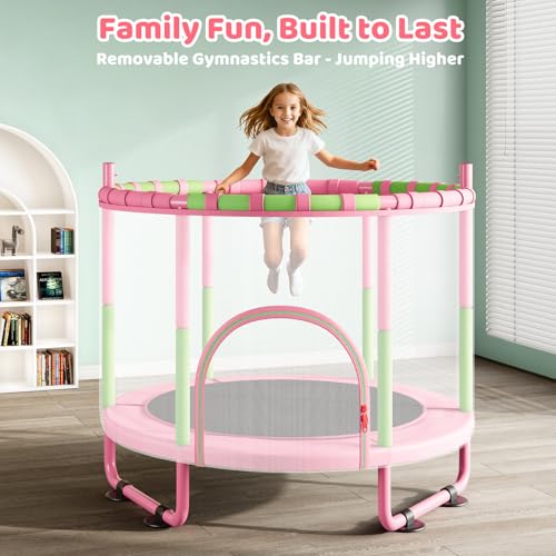 Yohood 55" Trampoline for Kids with Enclosure, 6-in-1 Toddler Trampoline Indoor Outdoor, Upgrade Full Anti-Rust Tube with Adjustable Gymnastics Bars for Boys Girls Ages 3-10