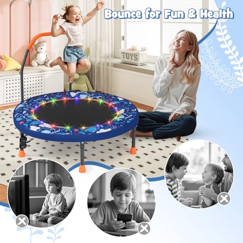 GYMAX 36” Toddler Trampoline with Lights, Folding Springless ASTM Approved Small Kids Rebounder with Foam Handle, Safety Padded Cover & Foldable Legs, Mini Indoor Baby Trampolines (Dark Blue)