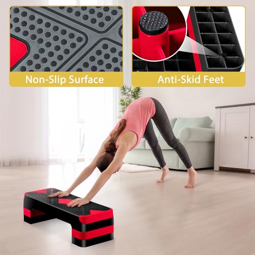 Non-Slip 27 Inch Aerobic Exercise Step Platform 4"-6"-8" Height Adjustable Risers for Home Gym Cardio Training Fitness Workout Stepper Trainer - color: Red