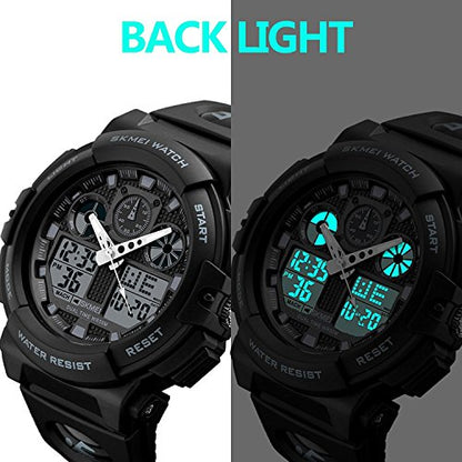 MASTOP Men's Digital Analog Sports Military Watches Waterproof Outdoor LED Backlight Display Alarm Stopwatch - color: Black