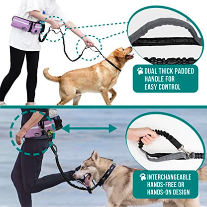 PetAmi Hands Free Dog Leash, Running Leash Belt Bag for Walking, Jogging, Waist Double Zipper Pouch with Poop Dispenser, Dual Padded Handles Reflective Bungee Double, Purple, 2 Leashes - color: Purple, size: 2 Leashes