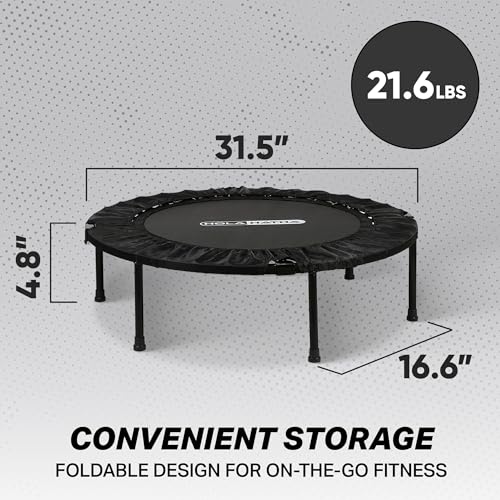 HolaHatha Foldable Mini Trampoline Fitness Rebounder for Home Gym Workouts – with 5-Level Adjustable Handle, Heavy-Duty Steel Frame, Portable Design, and Supports up to 440 Pounds