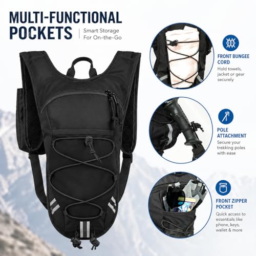 Lightweight Hydration Backpack 2L Water Bladder Pack for Running, Cycling, Hiking – Anti-Theft Water Backpack with Phone Holder, Trekking Pole Holder & Reflective Strips for Men & Women - color: Black
