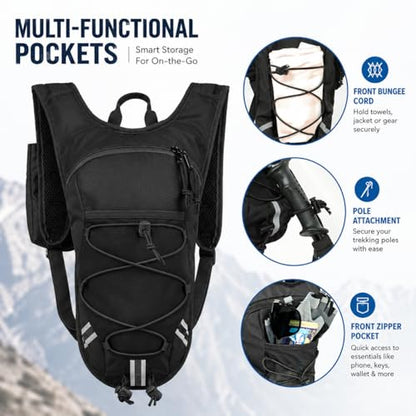Lightweight Hydration Backpack 2L Water Bladder Pack for Running, Cycling, Hiking – Anti-Theft Water Backpack with Phone Holder, Trekking Pole Holder & Reflective Strips for Men & Women - color: Black