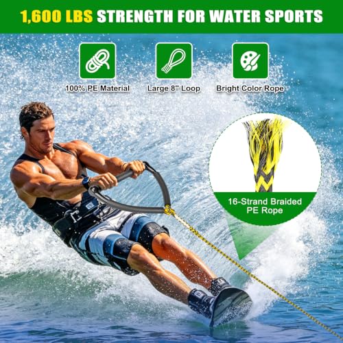 Dolibest 75FT Floating Water Ski Rope with Comfortable Handle, 4-Section Adjustable Wakeboard Tow Rope for Wakeboarding,Waterskiing,Kneeboarding & Tubing, 1600LB Strength & Reinforced End - color: Yellow + Black (with Foam)