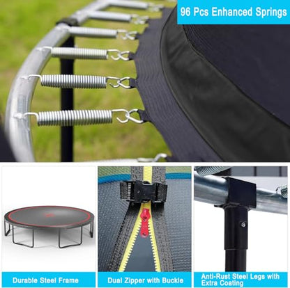 1500 LBS 8FT 12FT 14FT 16FT Trampoline for Kids and Adults, Outdoor Trampoline with Enclosure Net, Sprinkler, Water Ball, Large Trampoline with Lights with Music Speaker, Socks - ASTM Approved - color: Black 16FT