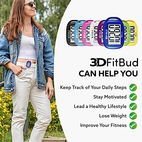 3DFitBud Simple Step Counter Walking 3D Pedometer by 3DActive with Clip, Lanyard Accurate Step Tracker Large Display, Easy to Use for Kids Men Women Adult Seniors Daily Step Tracking - A420S - color: Royal Blue