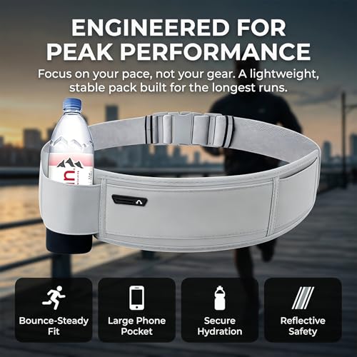 Running Hydration Belt with Water Bottle Holder for Men Women, Bounce-Free Phone Storage Waist Pack, Reflective Adjustable Marathon Belt for Jogging Trail Running,Fits All Phones(Grey) - color: Grey
