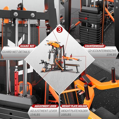 XGSW Multi-Function Home Gym Workout Station, Featuring a Pulley System, arm Trainer, and Leg Trainer for Full-Body Workouts. - size: L03-3【154LBS】Fitness Station+Cast lron 308LBS