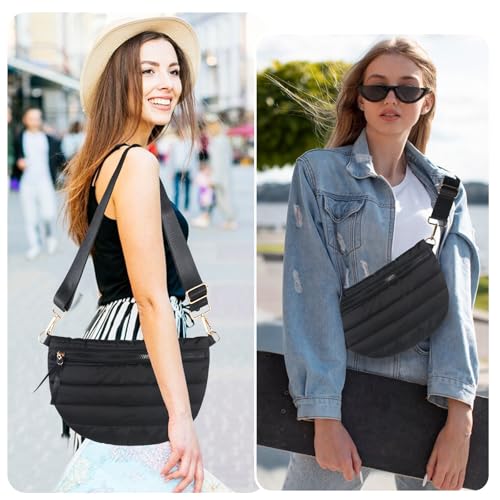 Quilted Crossbody Bags for Women Puffer Fanny Pack Sling Bag Puffy Chest Belt Bum Waist Crossbody Purse Bags Quilted Shoulder Bag for Women - color: BLACK