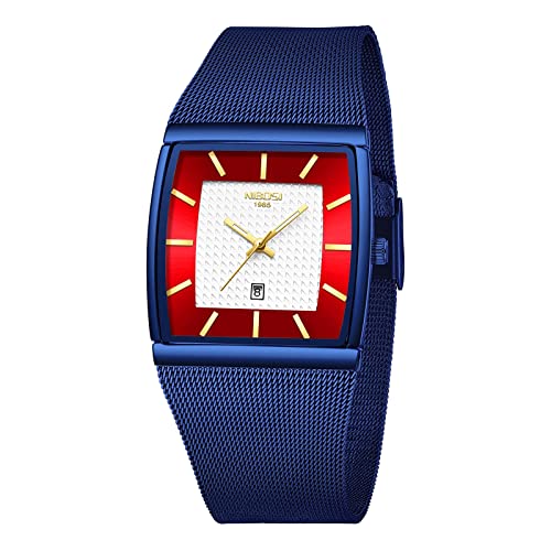 NIBOSI Men's Analog Watch, Square Dial Mesh Strap, Date Display - color: 2376-Blue Red