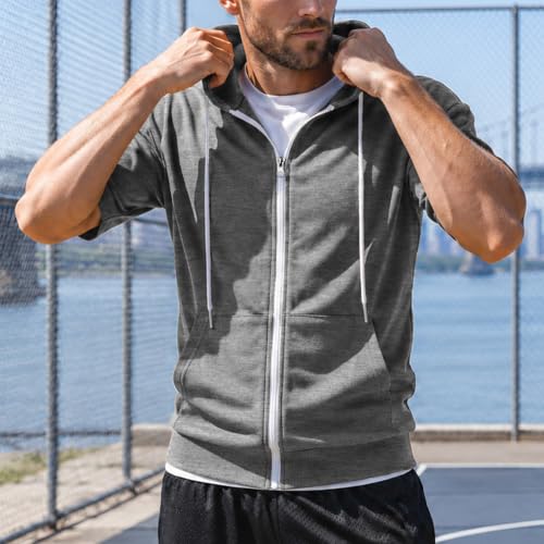 Ohoo Mens Slim Fit Zip up Hoodie Cotton Blend Soft Fabric Short Sleeve Lightweight Comfy Basic Jacket with Kanga Pocket - color: Dcf007-deep Grey, size: 3X-Large