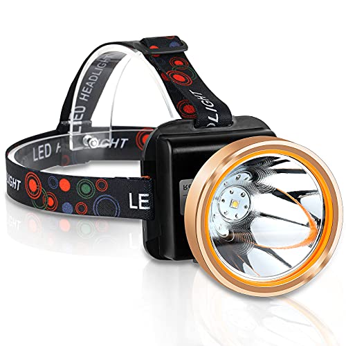 Super Bright Coon Hunting Light, Rechargeable LED Headlamp with 2 Light Modes, Waterproof Adjustable Hard Hat Headlight, Gold Miner Style Torch for Hunting, Fishing, Hiking, Camping, Outdoor Adventure - color: Gold-Yellow Light