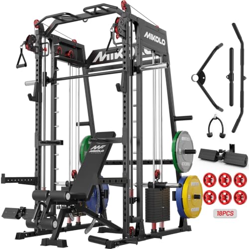 Mikolo M4 2.0 Smith Machine, 2200lbs Squat Rack with LAT-Pull Down System & Cable Crossover Machine, Training Equipment with Leg Hold-Down Attachment - color: Black, size: M4 2.0 Elite Package (with Color BP230lbs)