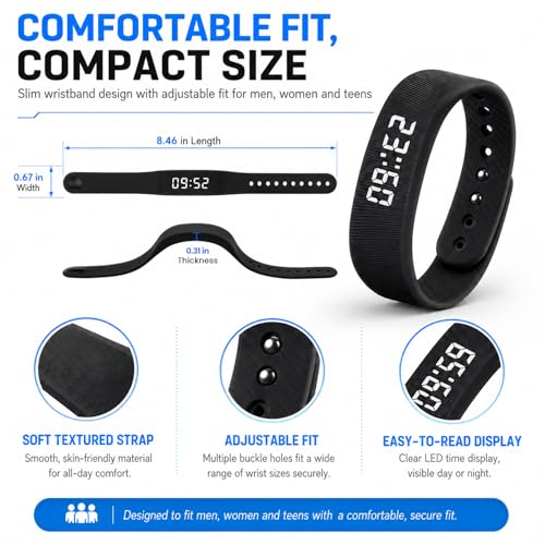Vibrating Alarm Wristband Clock Smart Watch Bracelets for Mens Digital Heavy Sleepers Fit Wrist Womens Tracker Vibro Vibration Silent Small Distance Teens Shock Despertador Band Alert - color: Black