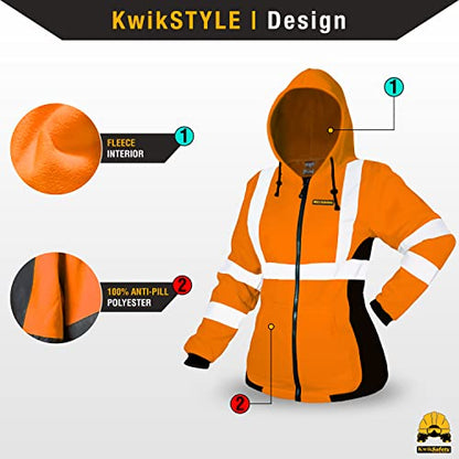 KwikSafety Women's Fleece Safety Hoodie Class 3 ANSI OSHA PPE - color: Orange, size: X-Small