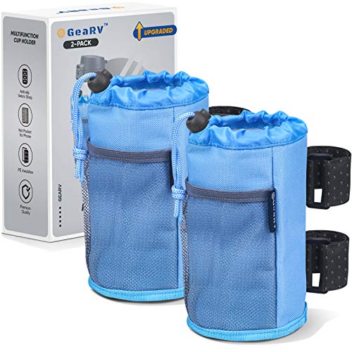 GEARV 2Pack Cup Holder for Bike, Scooter and Wheelchair, Water Bottle Holder for UTV/ATV, Walker, Golf Cart and Beach, Universal Drink Holder Accessories with Net Pocket and Cord Lock (Ocean Blue) - color: Ocean Blue