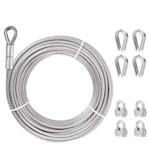 1/4 Stainless Steel Cable, 30ft 304 Stainless Steel Aircraft Cable with Tensile Strength of 6400lbs, 7x19 Strands Wire Rope with Stainless Cable Clamps&Thimble, Perfect for Yard Zipline, Boat Lifts - size: 30FT