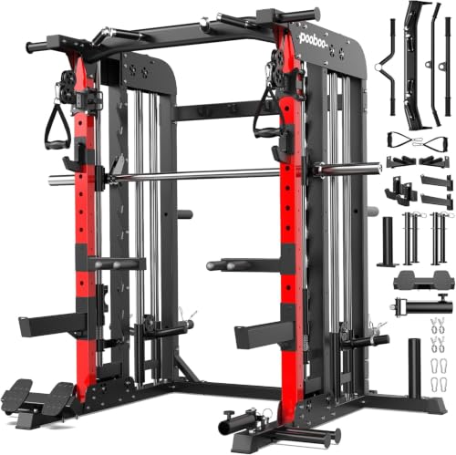 pooboo Power Cage Smith Machine with 2000LB Squat Rack Cable System
