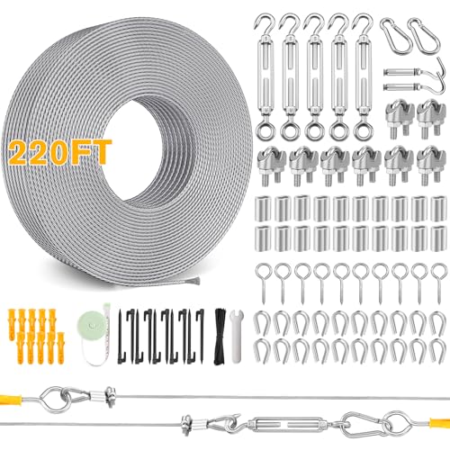 220FT 1/16" Wire Rope Kit - String Light Hanging Kit Vinyl Coated 304 Stainless Steel Cable with Turnbuckles for String Light Hanging, Gate Anti Sag, Stair Railing, Curtain, Picture Hanging, Garden - size: 1.5MM*67M