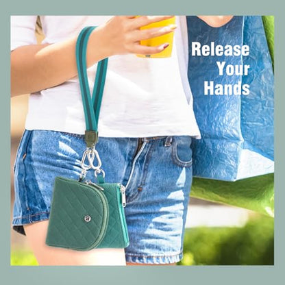 Mini Dual Pouch Wristlet Wallet for Women – Zip Around wristlet Keychain Wallet with 2 Wristlets, Ideal for Dog Walking, Coffee Runs & Lunch Break Essentials (Green+Teal) - color: Green+Teal